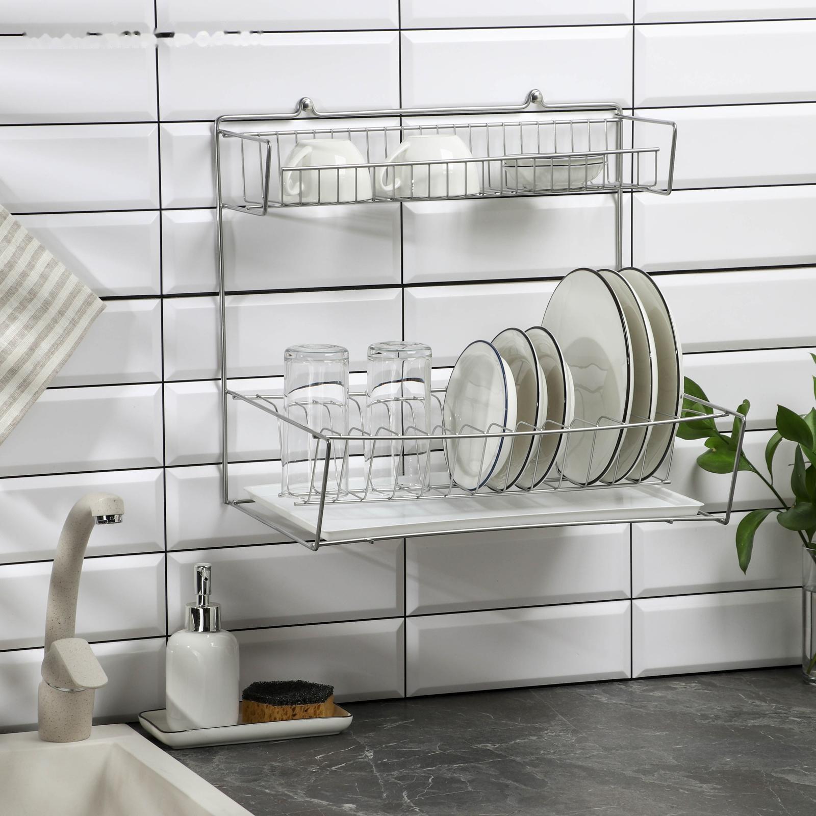 Сушилка для посуды с поддоном 2-х ярусная, настольно-настенная, 37.5×29×40 см, цвет хром
