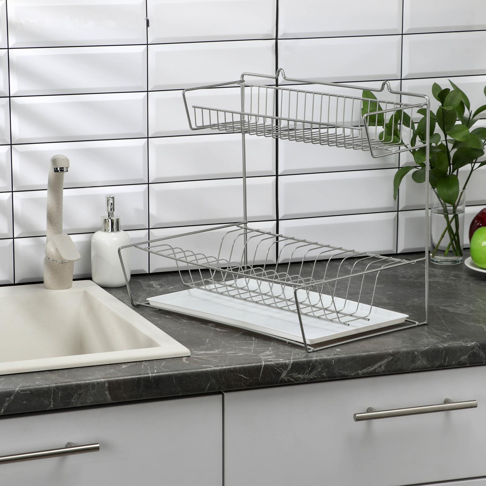 Сушилка для посуды с поддоном 2-х ярусная, настольно-настенная, 37.5×29×40 см, цвет хром