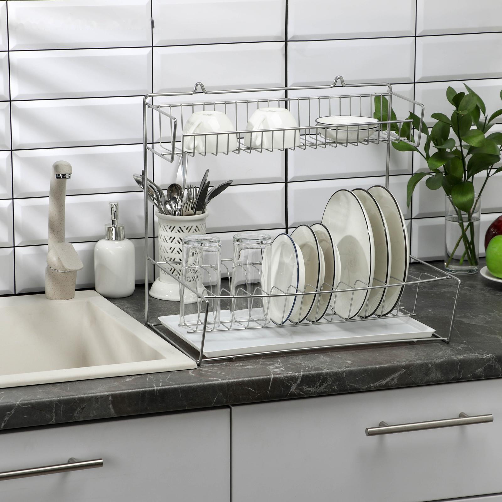 Сушилка для посуды с поддоном 2-х ярусная, настольно-настенная, 37.5×29×40 см, цвет хром