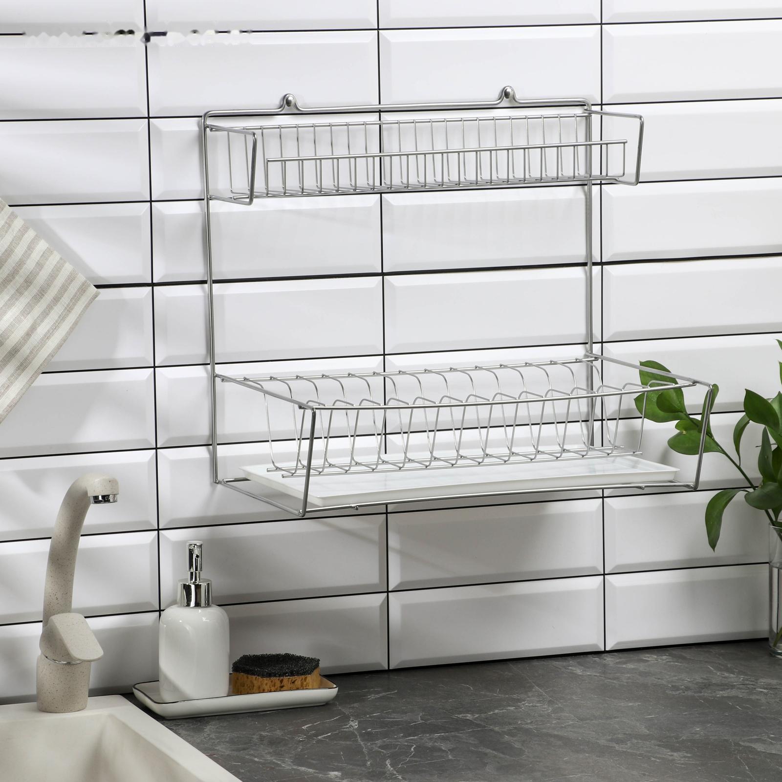 Сушилка для посуды с поддоном 2-х ярусная, настольно-настенная, 37.5×29×40 см, цвет хром