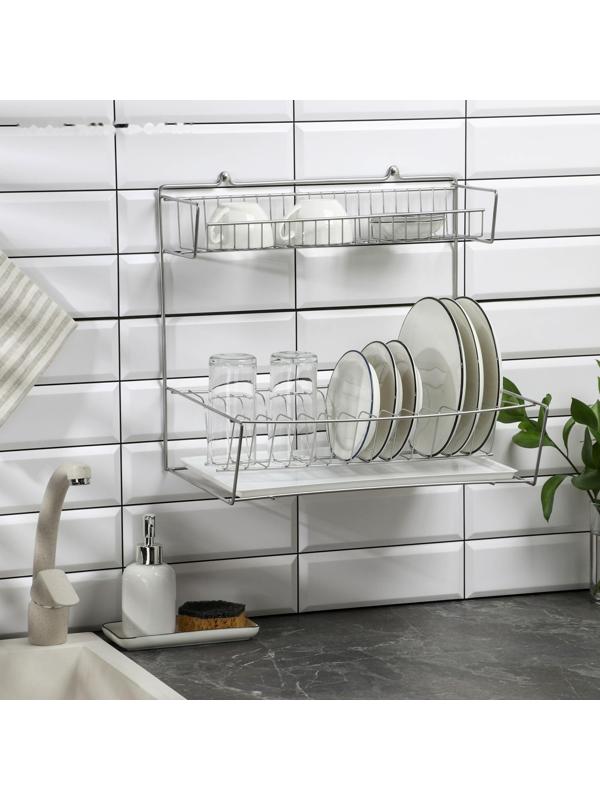 Сушилка для посуды с поддоном 2-х ярусная, настольно-настенная, 37.5×29×40 см, цвет хром