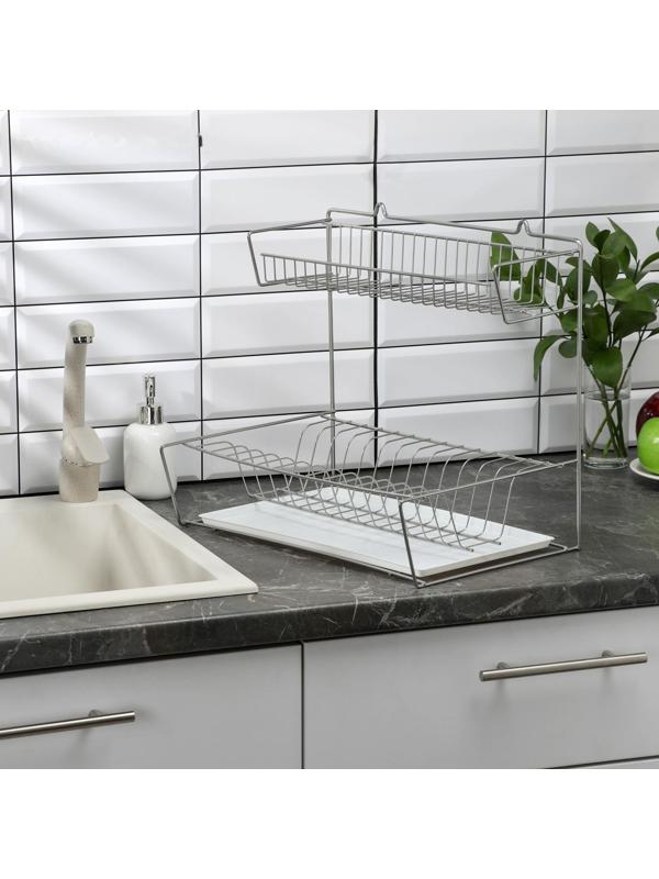 Сушилка для посуды с поддоном 2-х ярусная, настольно-настенная, 37.5×29×40 см, цвет хром
