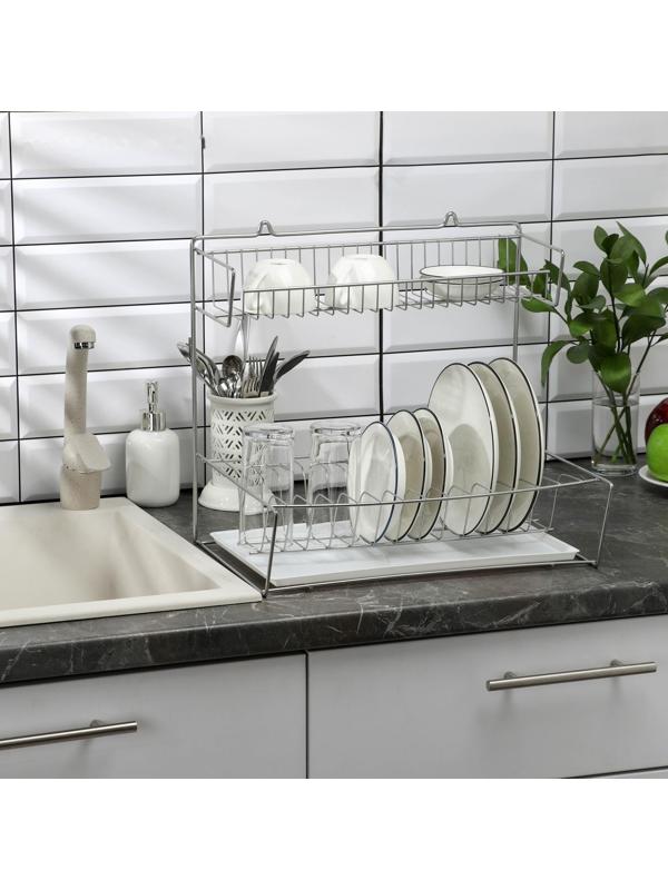 Сушилка для посуды с поддоном 2-х ярусная, настольно-настенная, 37.5×29×40 см, цвет хром