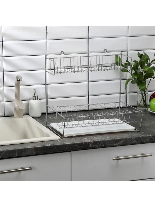Сушилка для посуды с поддоном 2-х ярусная, настольно-настенная, 37.5×29×40 см, цвет хром