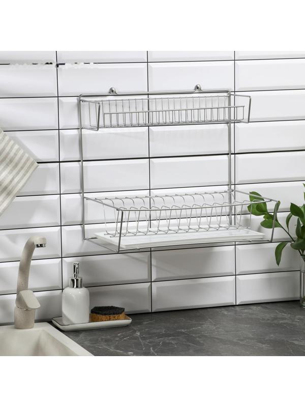 Сушилка для посуды с поддоном 2-х ярусная, настольно-настенная, 37.5×29×40 см, цвет хром