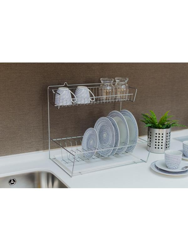 Сушилка для посуды с поддоном 2-х ярусная, настольно-настенная, 37.5×29×40 см, цвет хром