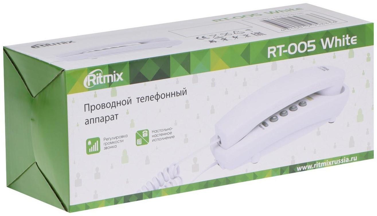 Проводной телефон Ritmix RT-005, набор номера на базе, трубка с проводом, белый