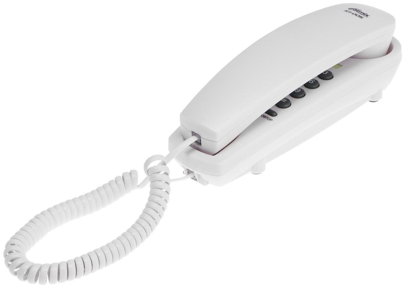 Проводной телефон Ritmix RT-005, набор номера на базе, трубка с проводом, белый