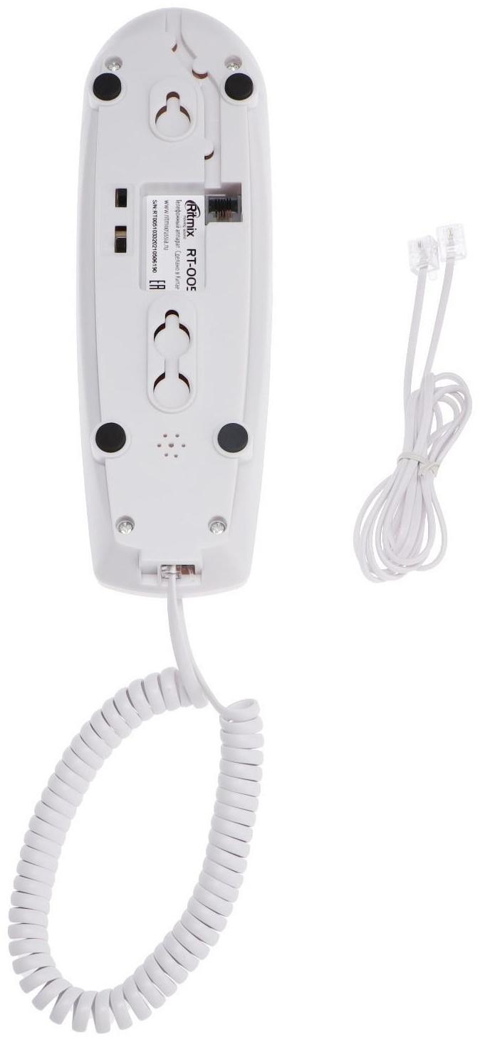 Проводной телефон Ritmix RT-005, набор номера на базе, трубка с проводом, белый