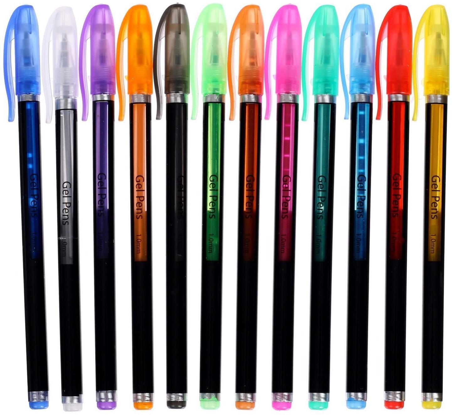 Набор гелевых ручек, 12 цветов, корпус чёрный в полоску в стержень, в блистере на кнопке