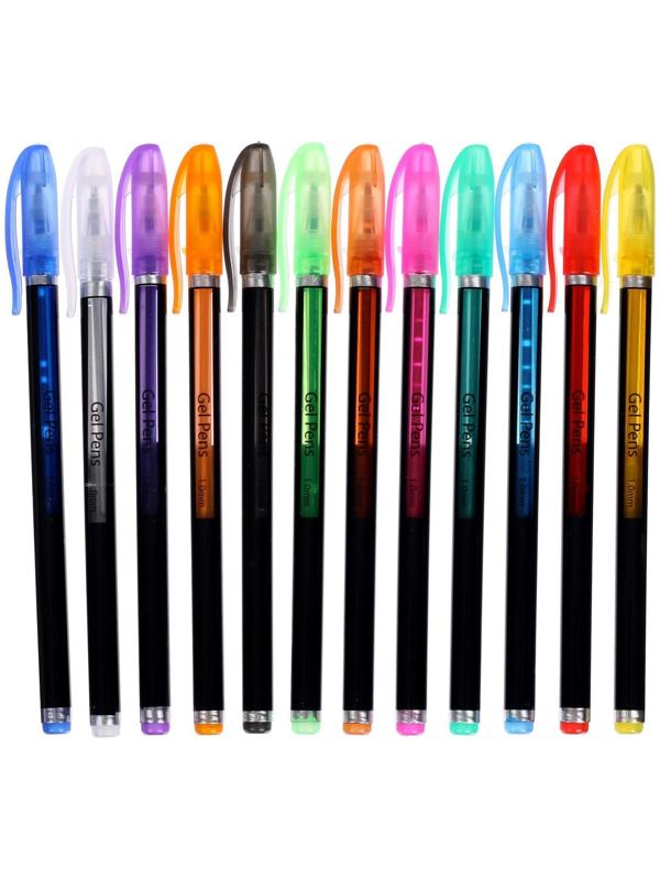 Набор гелевых ручек, 12 цветов, корпус чёрный в полоску в стержень, в блистере на кнопке