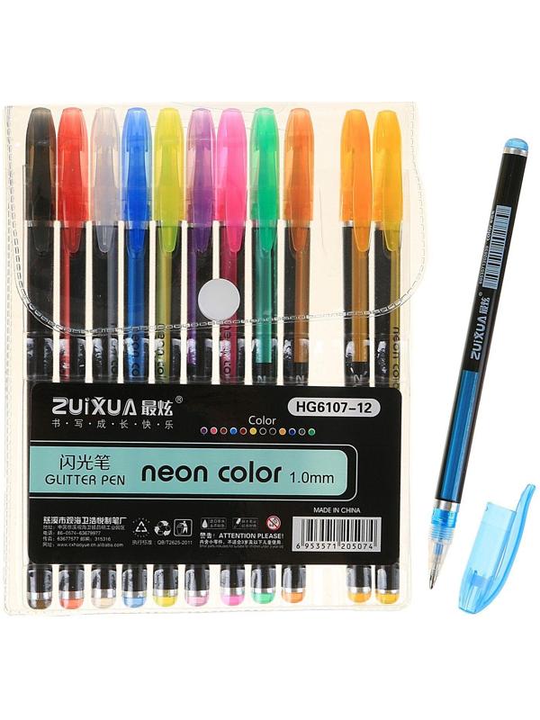 Набор гелевых ручек, 12 цветов, корпус чёрный в полоску в стержень, в блистере на кнопке