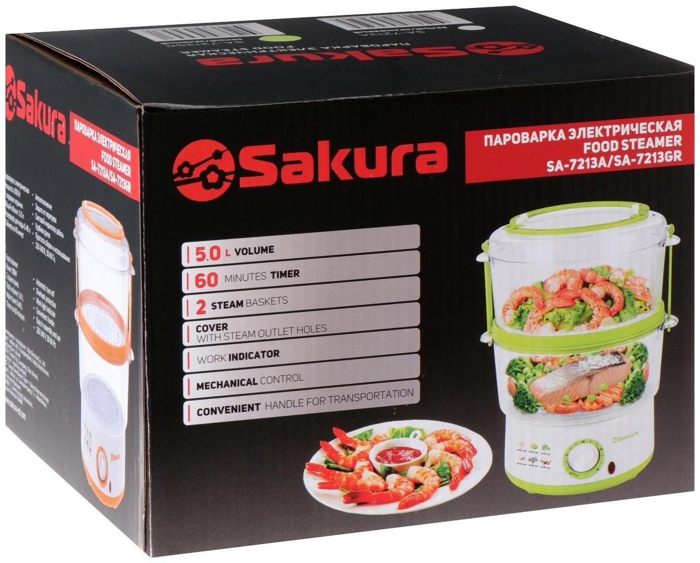 Пароварка Sakura SA-7213GR, электрическая, 500 Вт, 5 л, 2 яруса, бело-зеленый