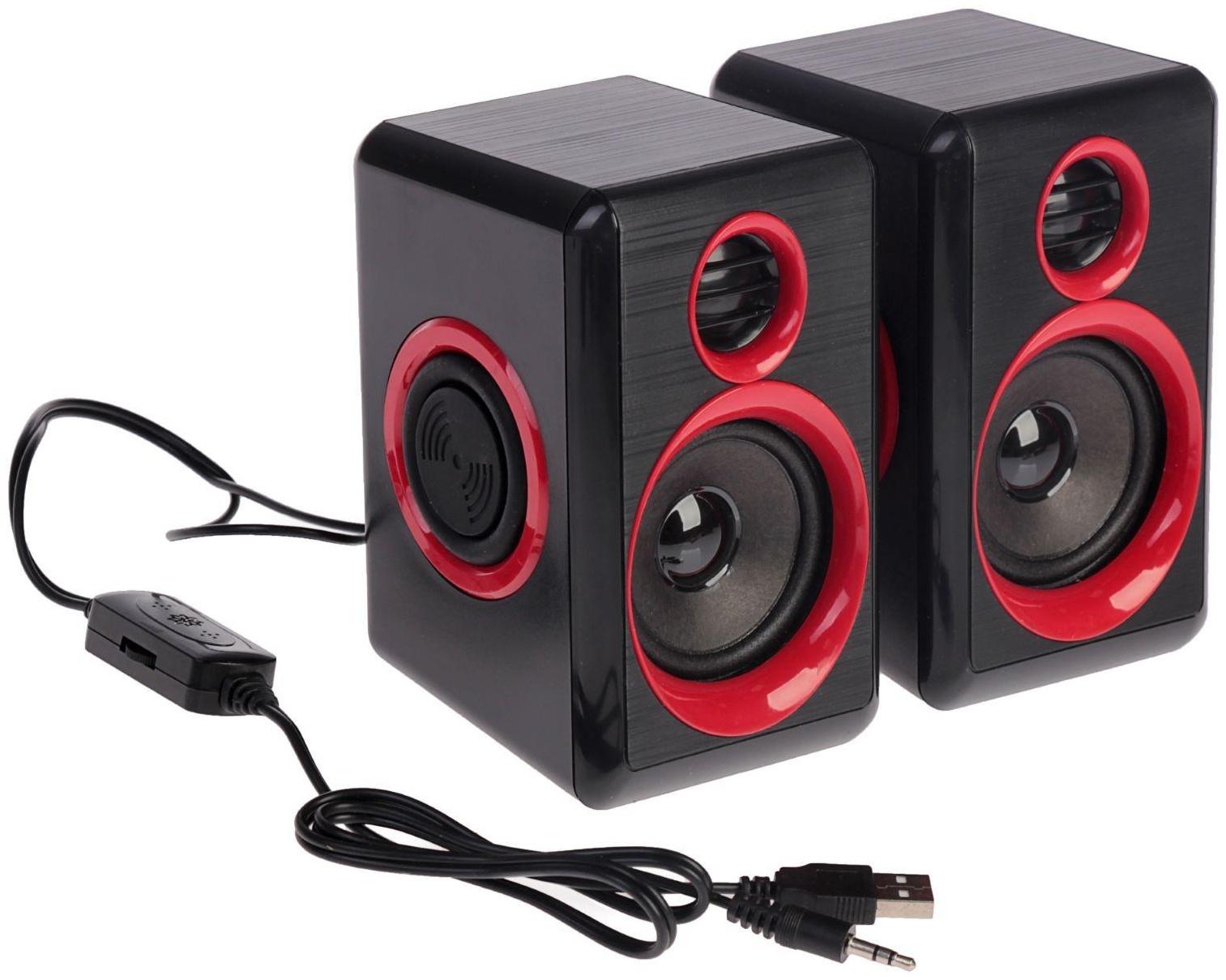 Компьютерные колонки 2.0 LuazON ES-02, Jack 3.5, USB, 0.9 м, черно-красные