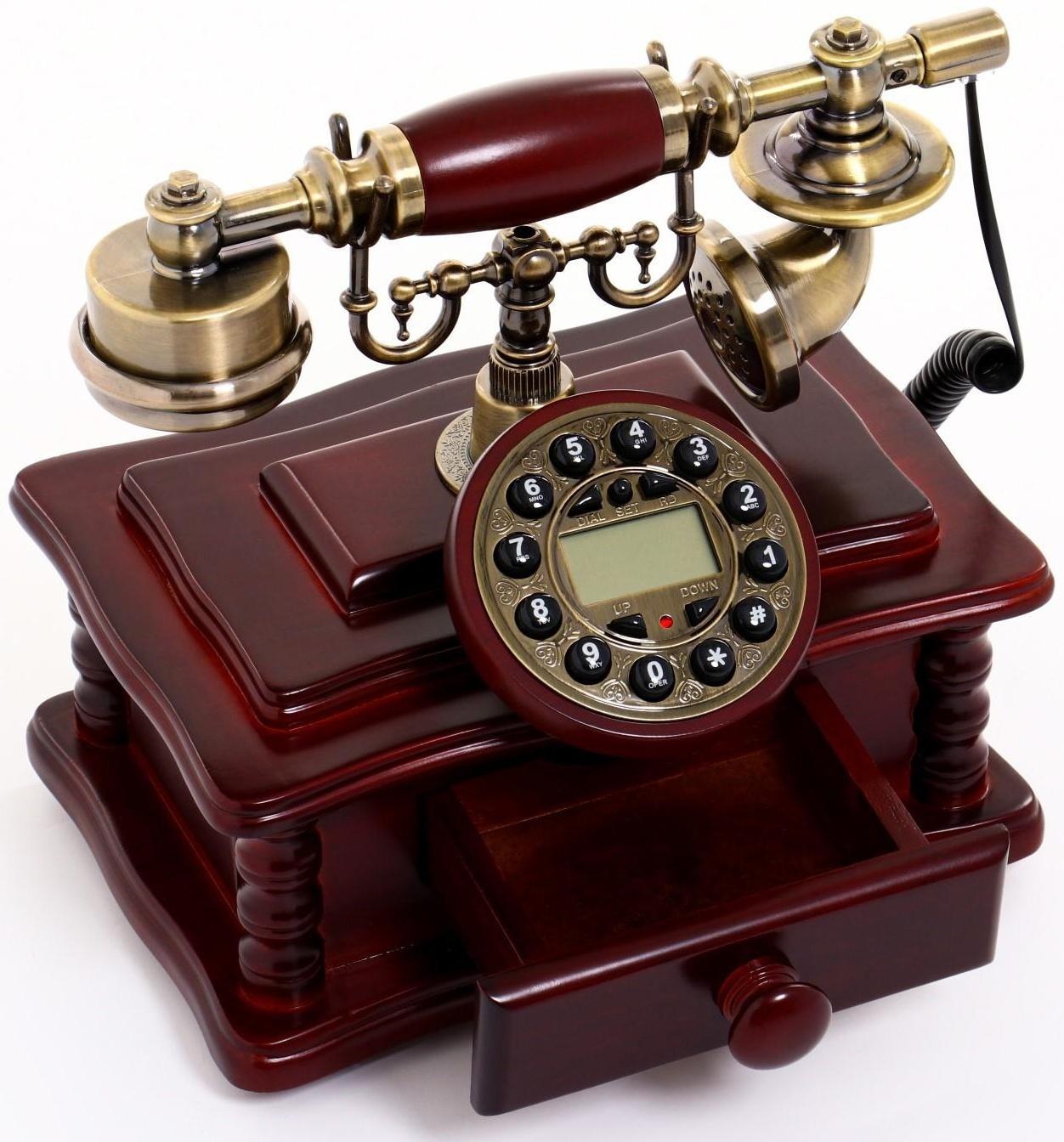 Ретро-телефон с выдвижным ящиком, темное дерево, 16х23х25 см