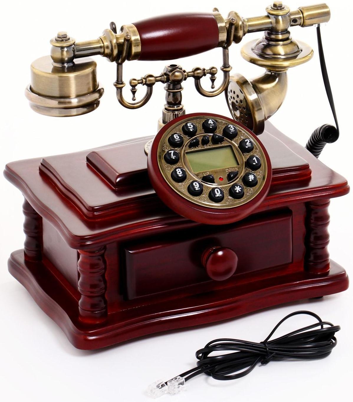 Ретро-телефон с выдвижным ящиком, темное дерево, 16х23х25 см
