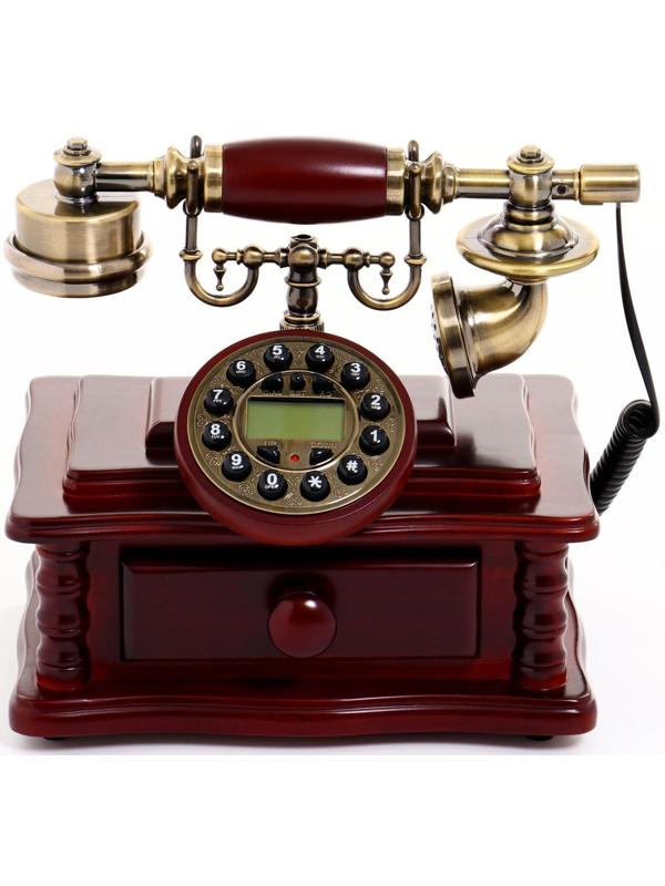 Ретро-телефон с выдвижным ящиком, темное дерево, 16х23х25 см