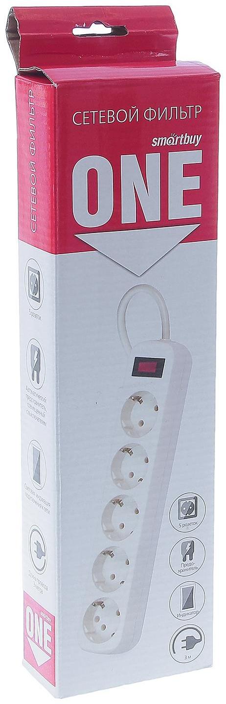 Сетевой фильтр Smartbuy, 5 розеток, 3 м, 10 А, 2200 Вт, с з/к, с выкл., белый
