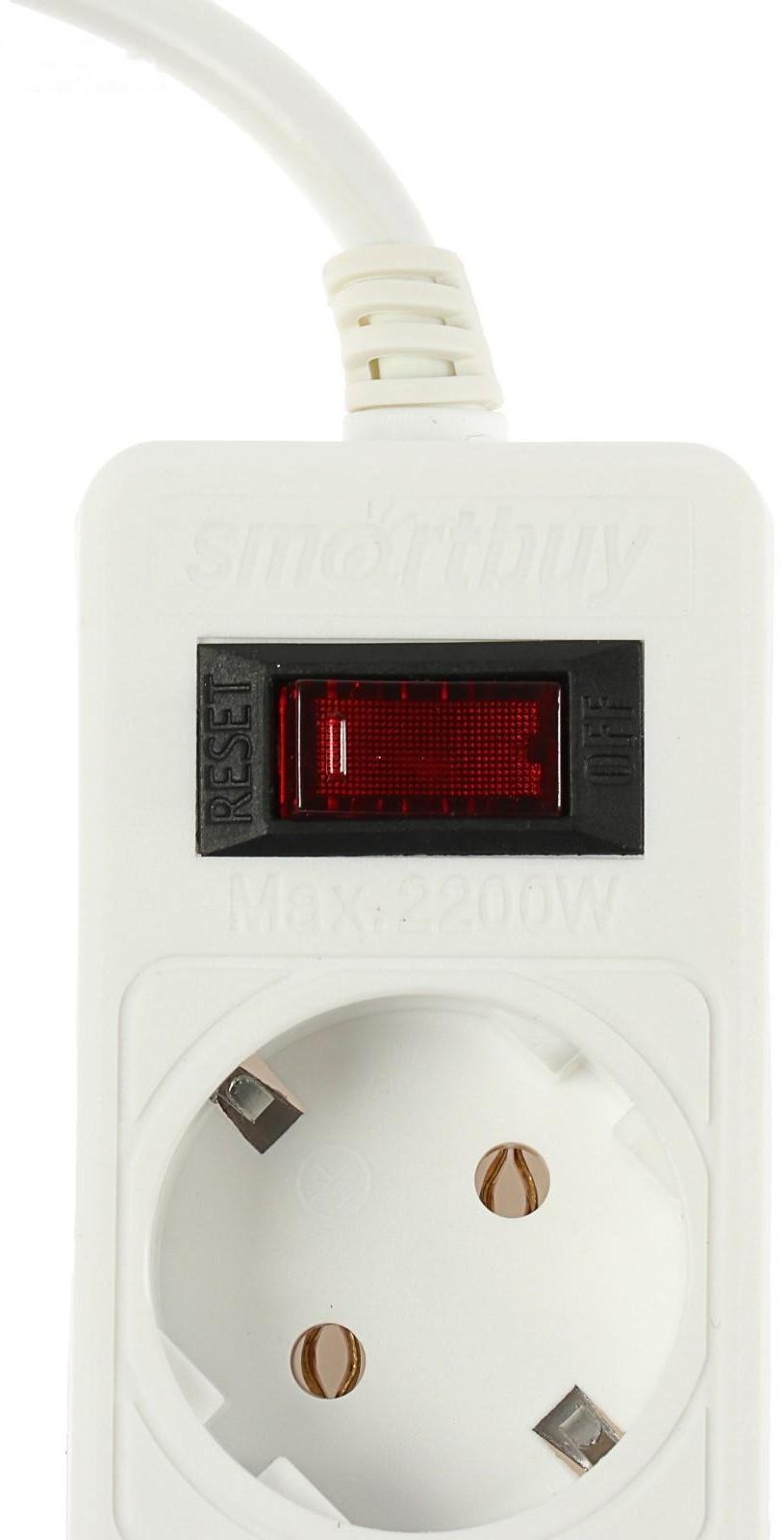 Сетевой фильтр Smartbuy, 5 розеток, 3 м, 10 А, 2200 Вт, с з/к, с выкл., белый