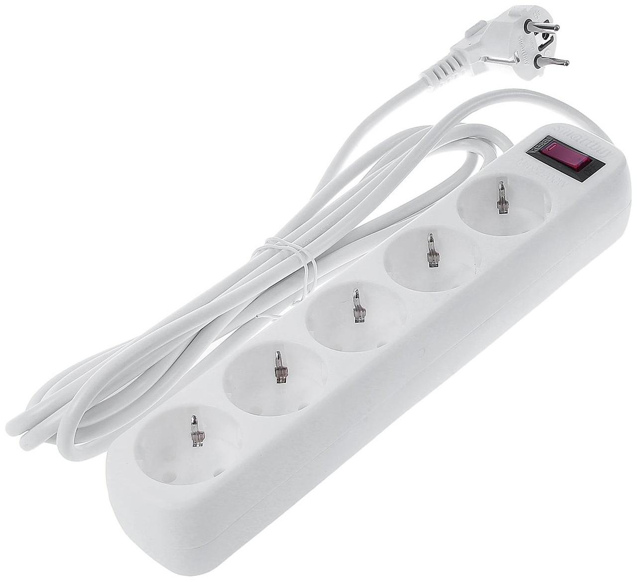 Сетевой фильтр Smartbuy, 5 розеток, 3 м, 10 А, 2200 Вт, с з/к, с выкл., белый