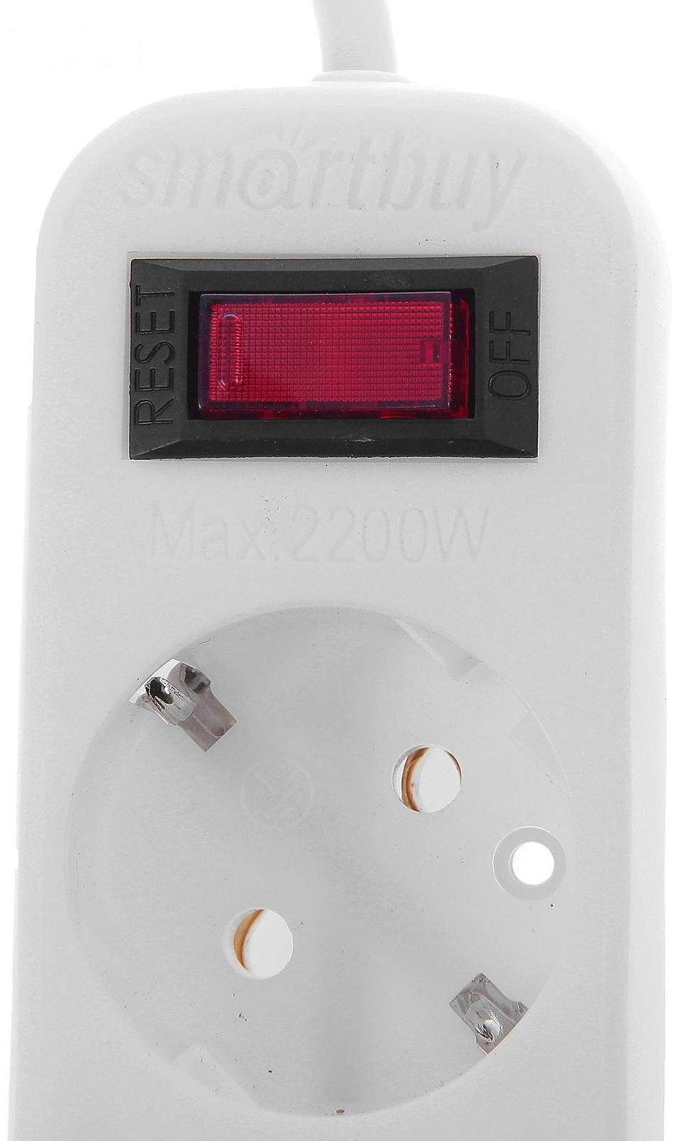 Сетевой фильтр Smartbuy, 5 розеток, 3 м, 10 А, 2200 Вт, с з/к, с выкл., белый