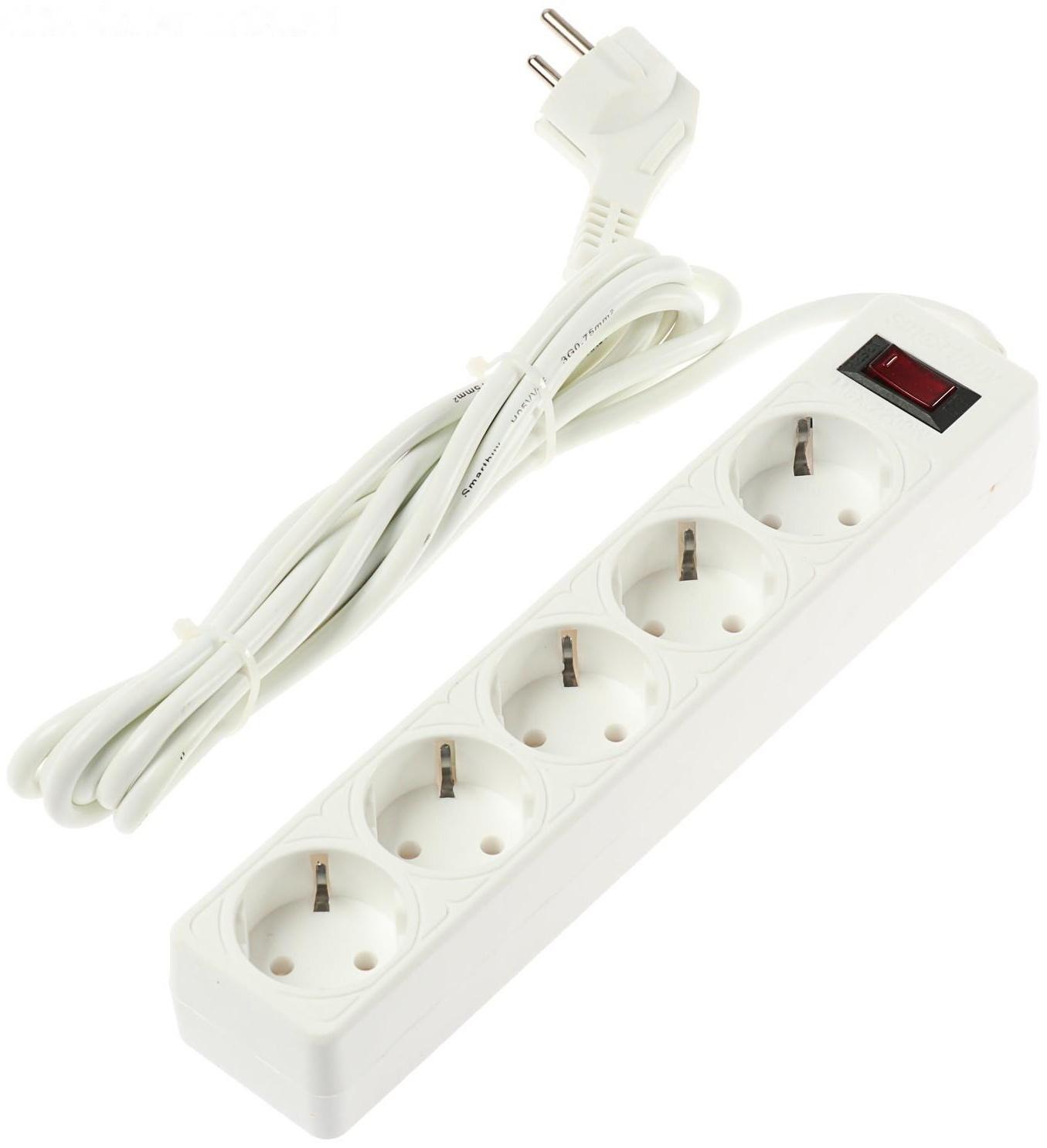 Сетевой фильтр Smartbuy, 5 розеток, 3 м, 10 А, 2200 Вт, с з/к, с выкл., белый