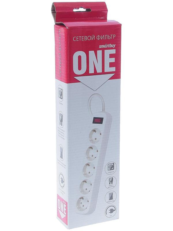 Сетевой фильтр Smartbuy, 5 розеток, 3 м, 10 А, 2200 Вт, с з/к, с выкл., белый
