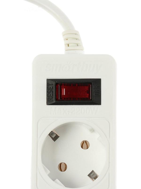Сетевой фильтр Smartbuy, 5 розеток, 3 м, 10 А, 2200 Вт, с з/к, с выкл., белый
