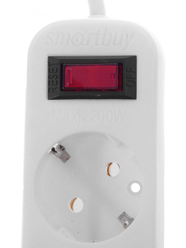 Сетевой фильтр Smartbuy, 5 розеток, 3 м, 10 А, 2200 Вт, с з/к, с выкл., белый