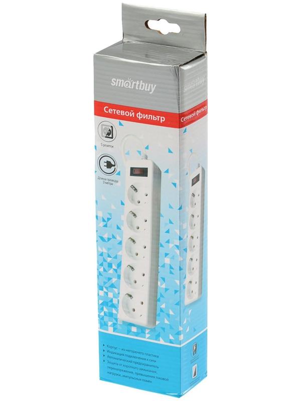 Сетевой фильтр Smartbuy, 5 розеток, 3 м, 10 А, 2200 Вт, с з/к, с выкл., белый