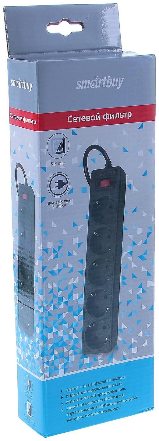 Сетевой фильтр Smartbuy One, 5 розеток, 5 м, 10 А, 2200 Вт, с з/к, черный