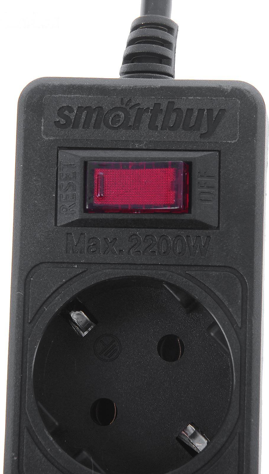 Сетевой фильтр Smartbuy One, 5 розеток, 5 м, 10 А, 2200 Вт, с з/к, черный