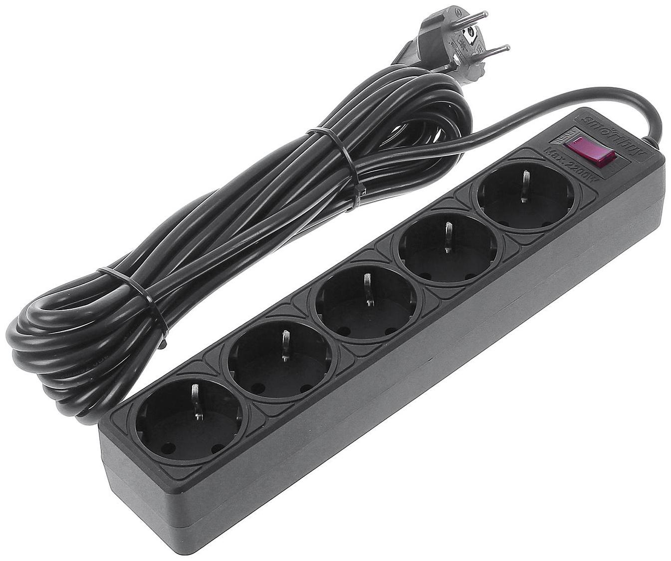 Сетевой фильтр Smartbuy One, 5 розеток, 5 м, 10 А, 2200 Вт, с з/к, черный