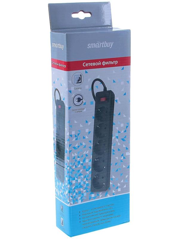 Сетевой фильтр Smartbuy One, 5 розеток, 5 м, 10 А, 2200 Вт, с з/к, черный