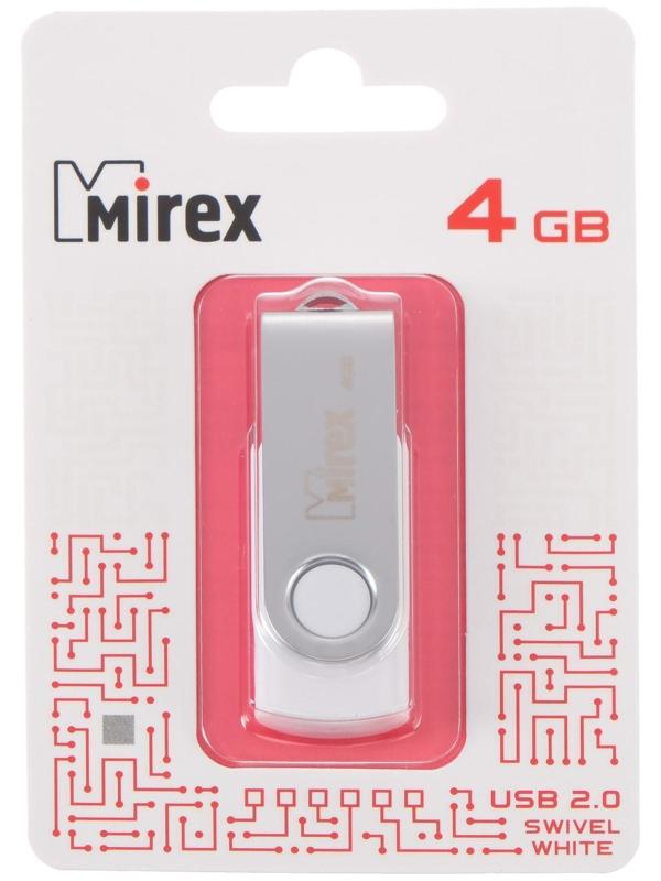 Флешка Mirex SWIVEL WHITE, 4 Гб, USB2.0, чт до 25 Мб/с, зап до 15 Мб/с, белая