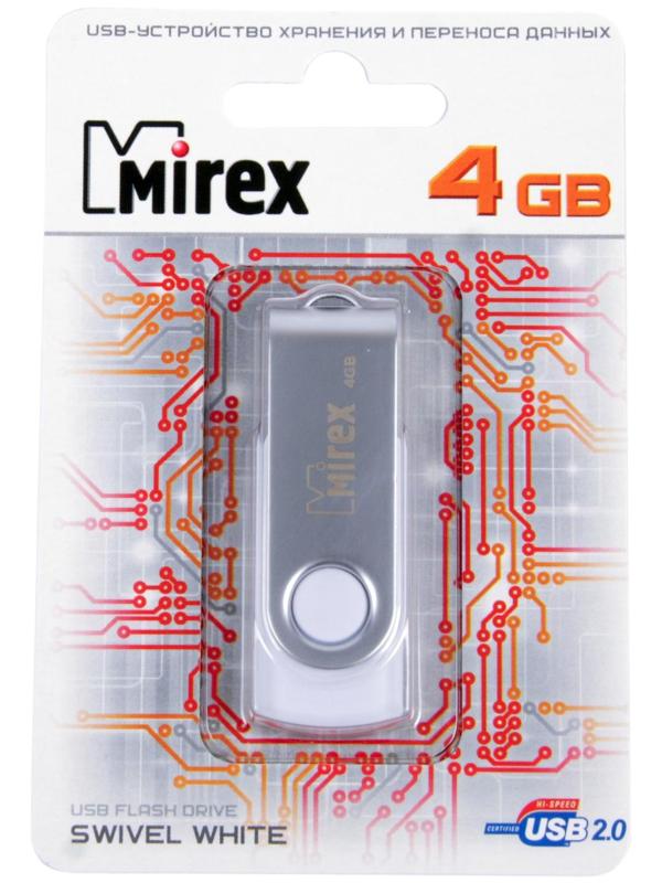 Флешка Mirex SWIVEL WHITE, 4 Гб, USB2.0, чт до 25 Мб/с, зап до 15 Мб/с, белая