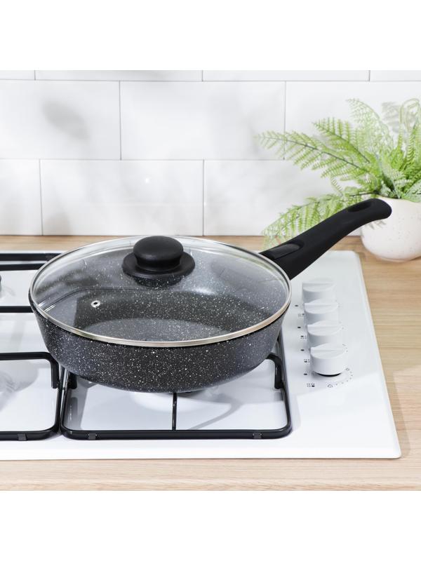 Сковорода Доляна «Элит», d=26 см, съёмная ручка, стеклянная крышка, антипригарное покрытие, цвет чёрный