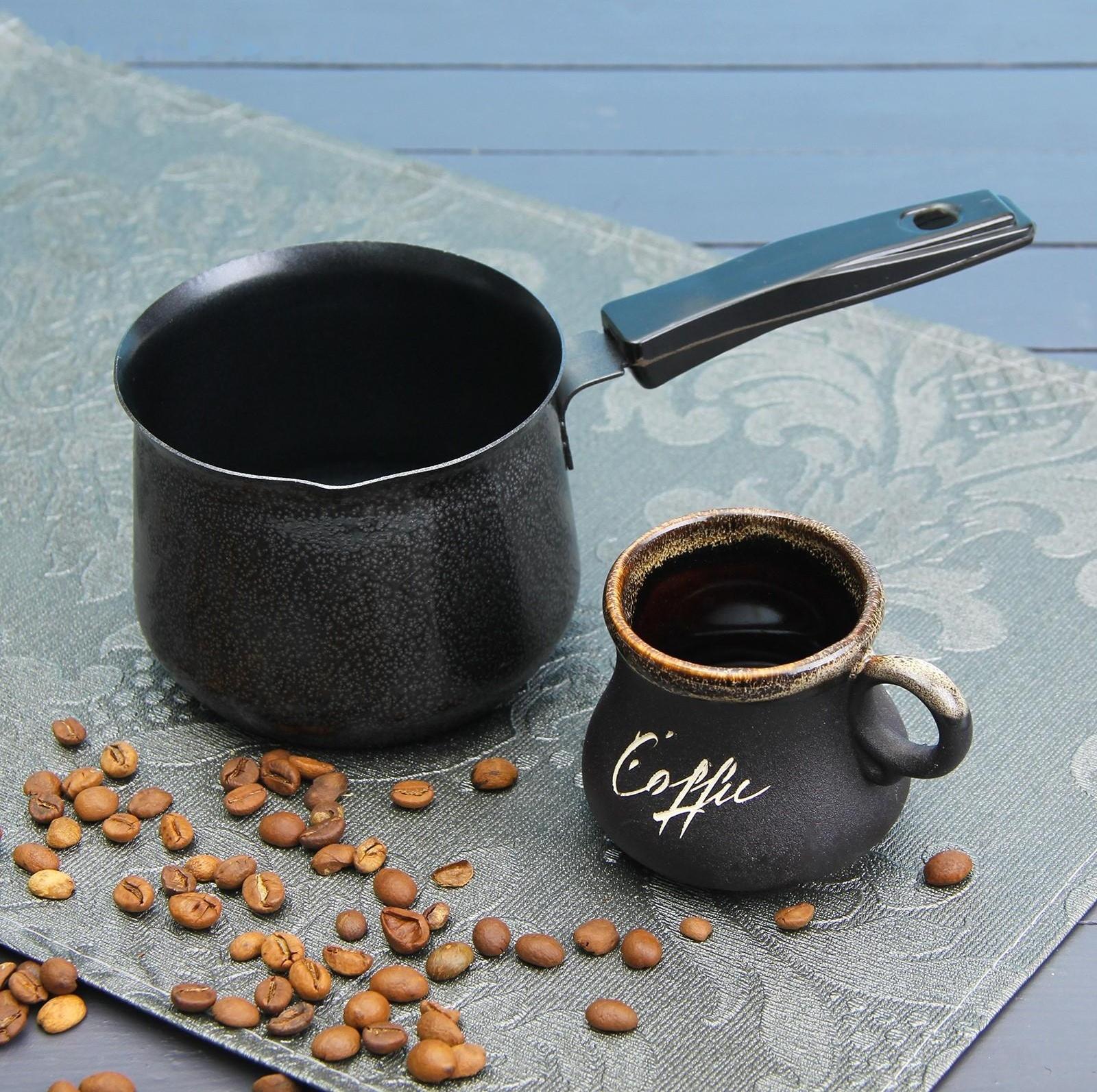 Турка «Мортен», 500 мл, 20×9,5×7,5 см, пластиковая ручка, антипригарное покрытие, цвет чёрный