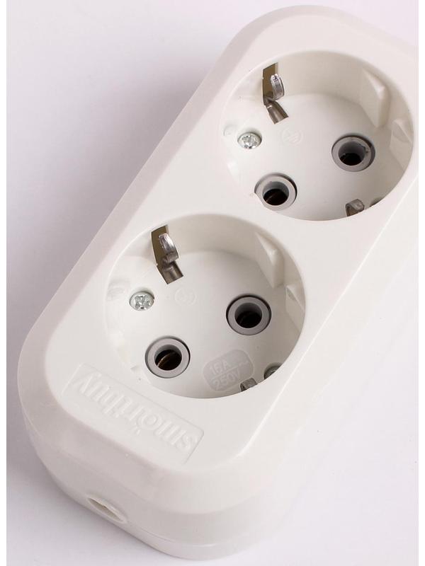 Колодка Smartbuy, 2 розетки, 16 А, 3500 Вт, с з/к, белая