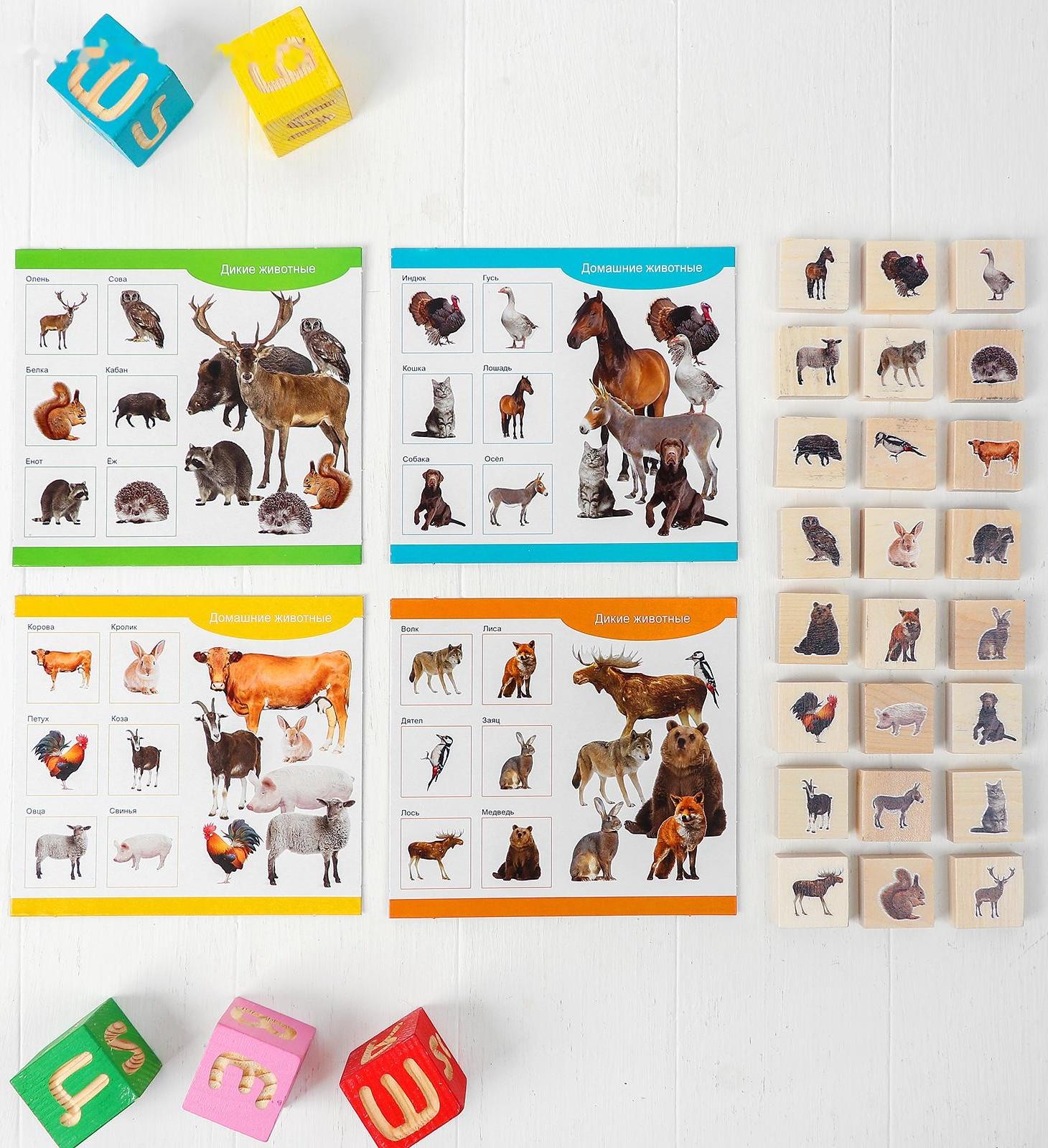 Лото деревянное «Домашние и дикие животные», плашки 24 шт.: 3.2 × 3.2 × 1 см