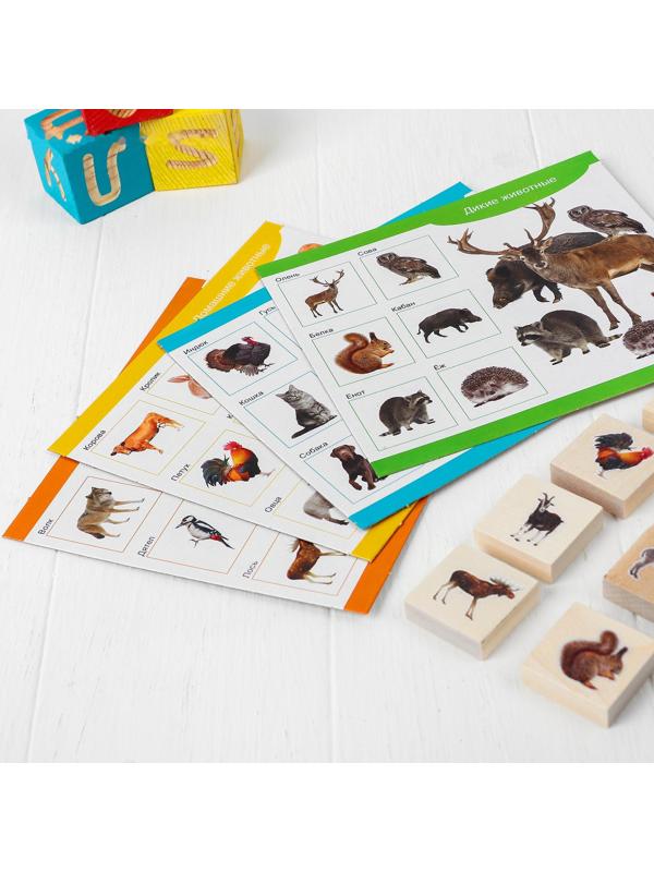 Лото деревянное «Домашние и дикие животные», плашки 24 шт.: 3.2 × 3.2 × 1 см