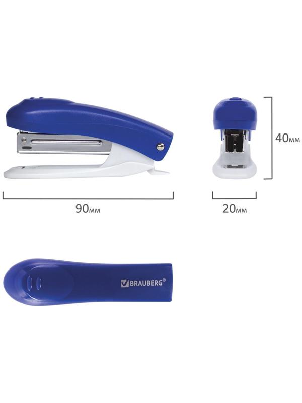 Степлер № 10 до 12 листов, BRAUBERG Einkommen, пластиковый корпус, встроенный антиСтеплер, синий