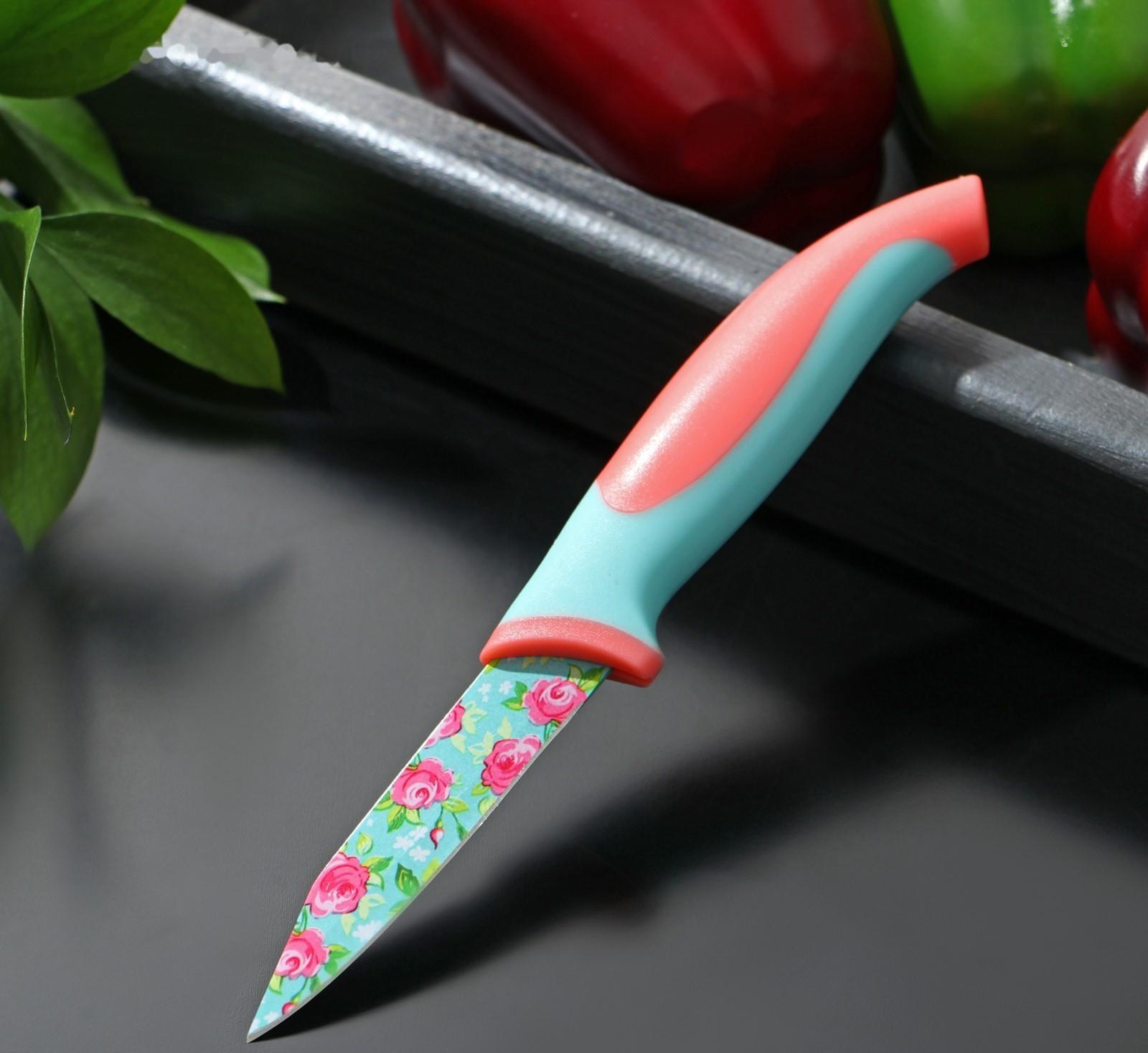 Нож кухонный с антиналипающим покрытием Доляна «Цветочки», лезвие 8 см