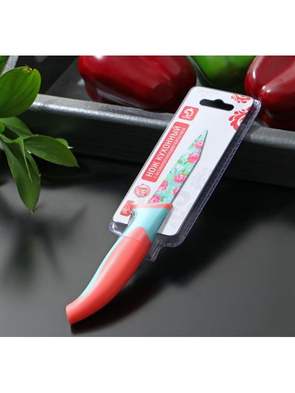 Нож кухонный с антиналипающим покрытием Доляна «Цветочки», лезвие 8 см