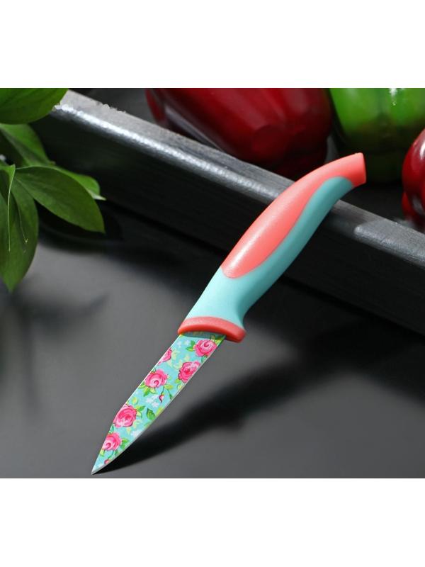 Нож кухонный с антиналипающим покрытием Доляна «Цветочки», лезвие 8 см