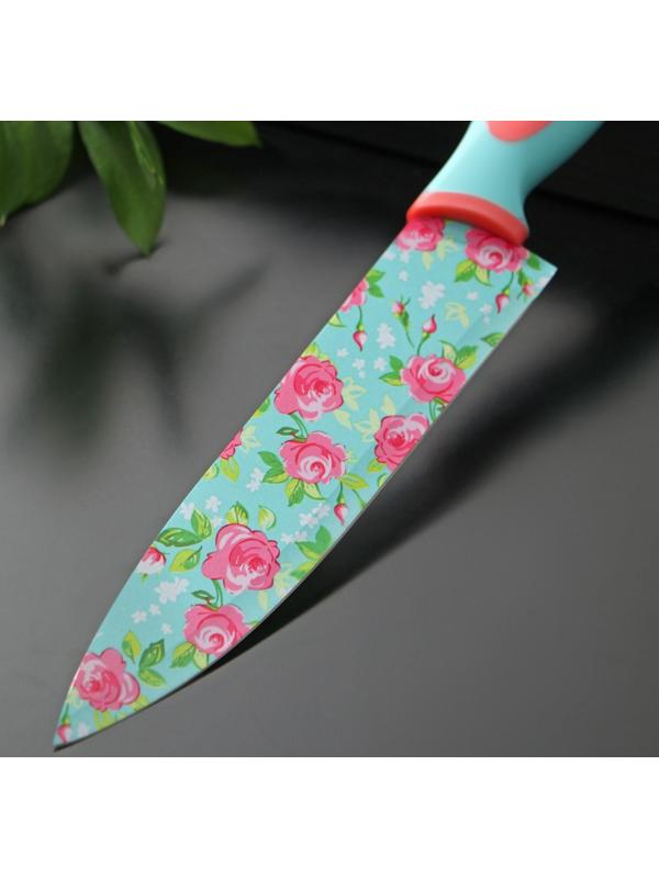 Нож кухонный с антиналипающим покрытием Доляна «Цветочки», лезвие 20 см