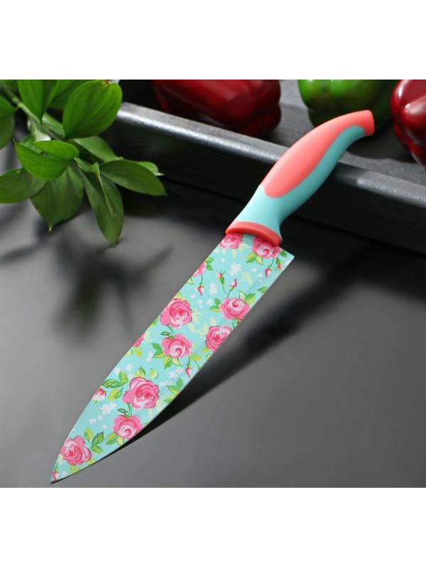 Нож кухонный с антиналипающим покрытием Доляна «Цветочки», лезвие 20 см