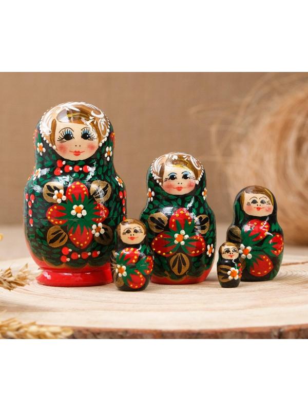 Матрёшка «Хохлома», чёрный платок, красное платье, 5 кукольная, 10 см