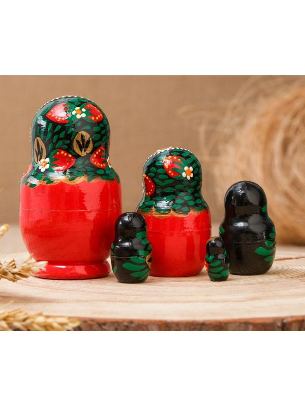 Матрёшка «Хохлома», чёрный платок, красное платье, 5 кукольная, 10 см