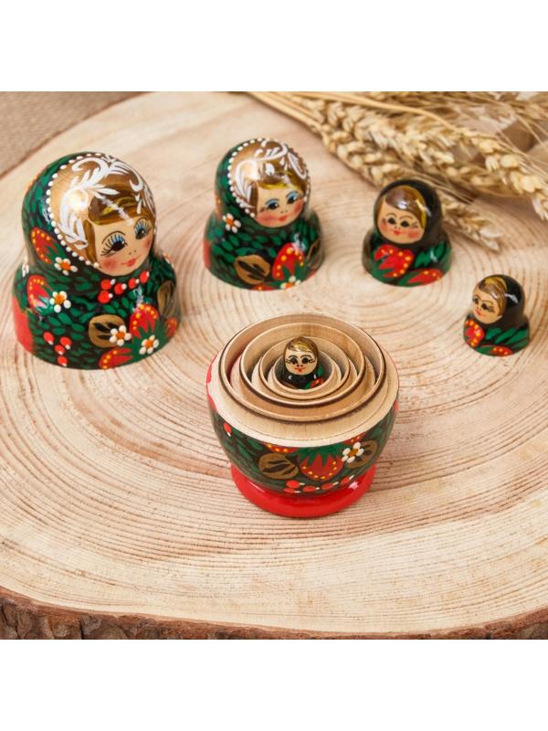 Матрёшка «Хохлома», чёрный платок, красное платье, 5 кукольная, 10 см